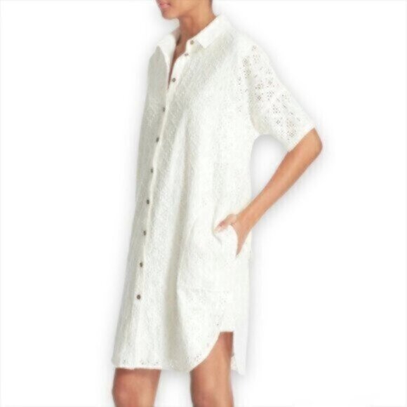 Current Elliott Oversized Smock Eyelet Lace Shirt Dress - Picture 1 of 10